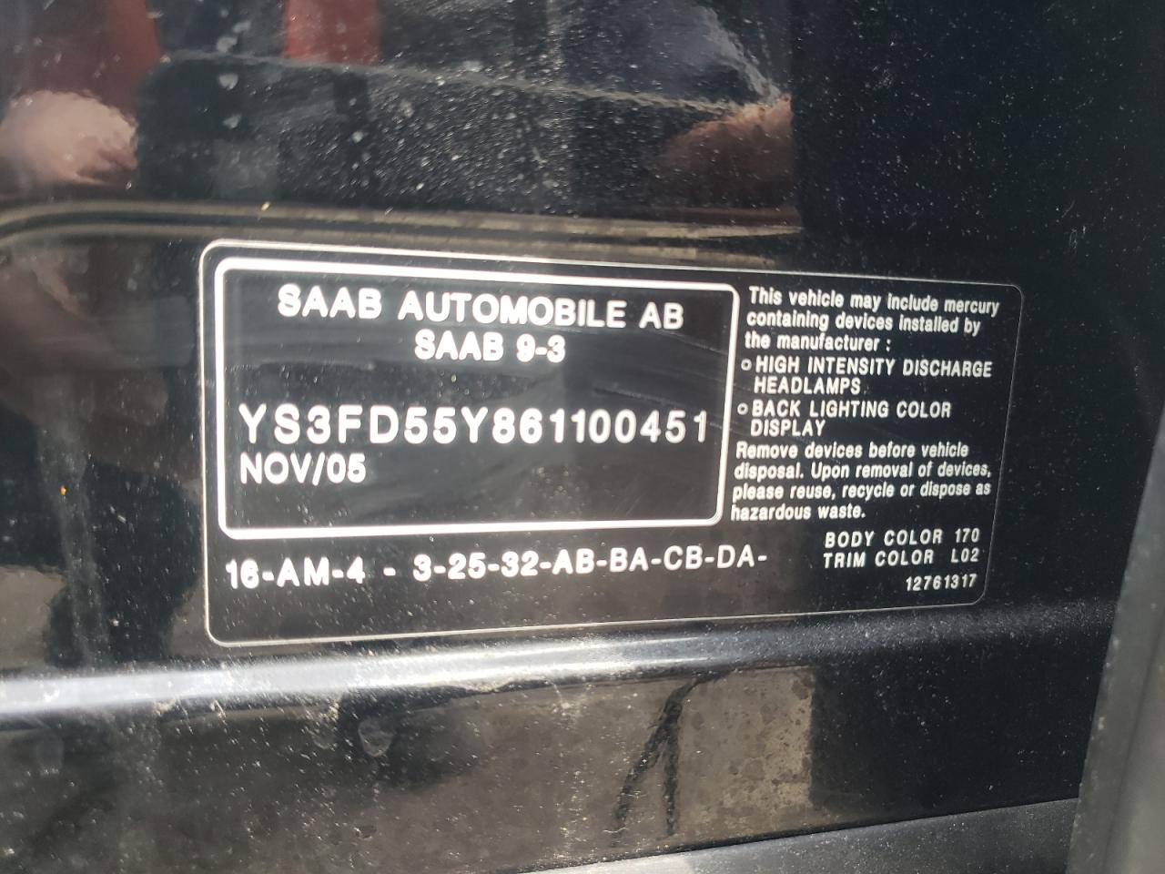 Photo 10 from auction – 2006 SAAB 9-3 with VIN YS3FD55Y861100451