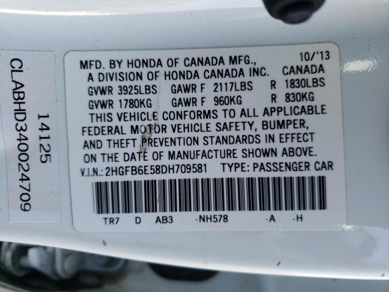 Photo 10 from auction – 2013 HONDA CIVIC SI with VIN 2HGFB6E58DH709581