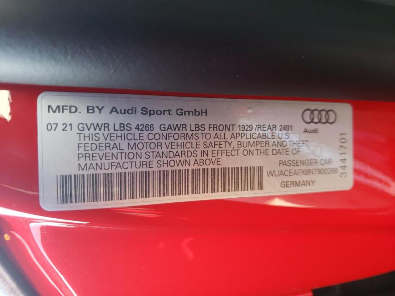 Photo 10 from auction – 2022 AUDI R8 with VIN WUACEAFX8N7900266