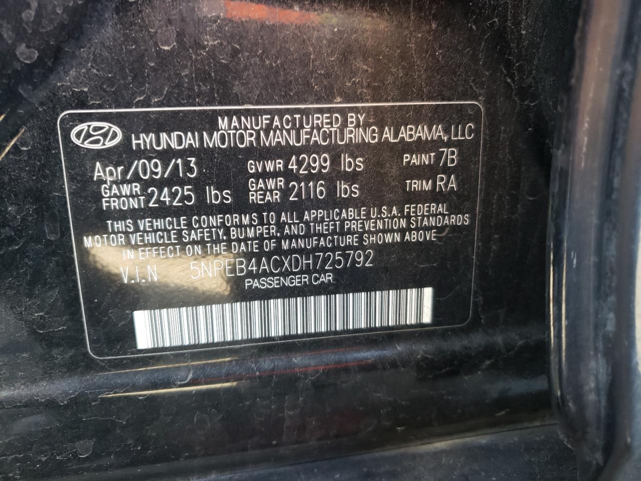 Photo 10 from auction – 2013 HYUNDAI SONATA GLS with VIN 5NPEB4ACXDH725792