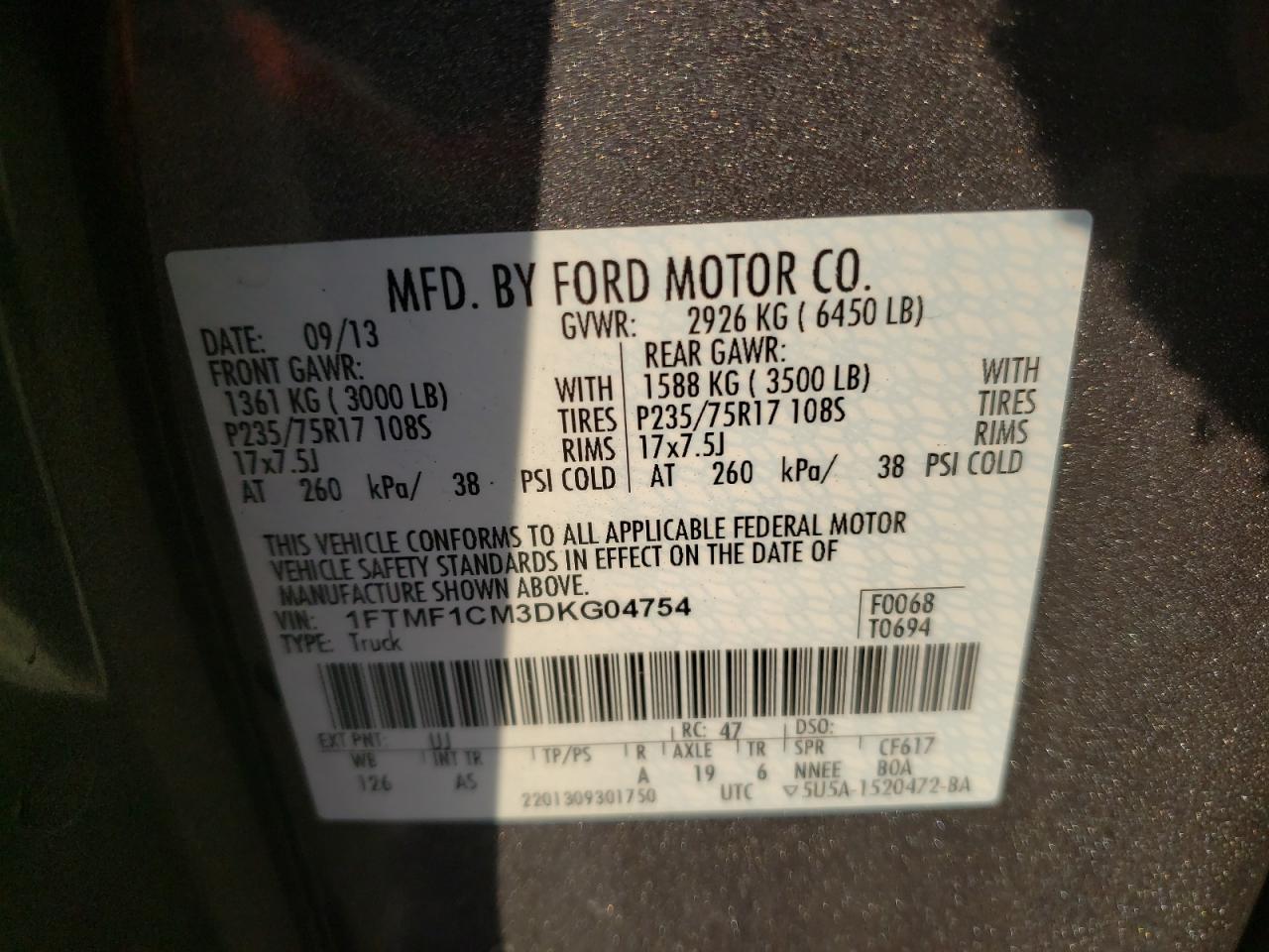 Photo 10 from auction – 2013 FORD F150 with VIN 1FTMF1CM3DKG04754