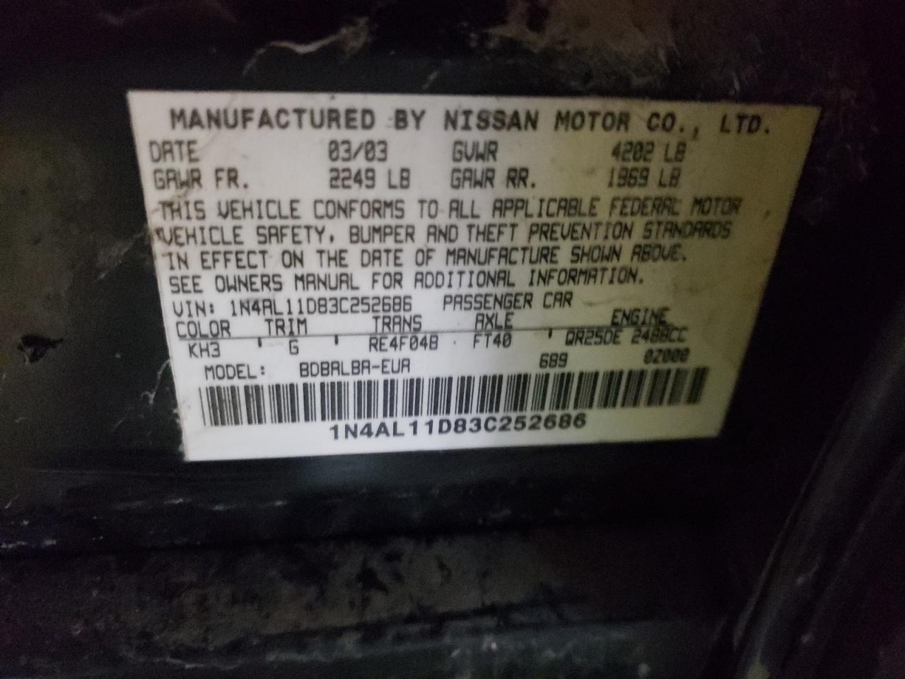 Photo 10 from auction – 2003 NISSAN ALTIMA BAS with VIN 1N4AL11D83C252686