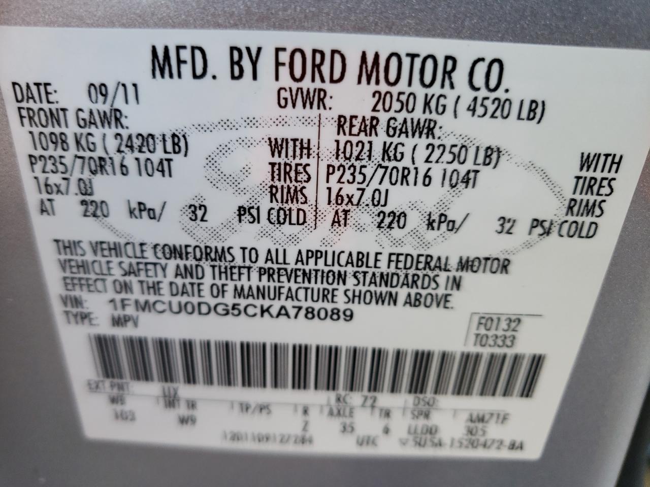 Photo 10 from auction – 2012 FORD ESCAPE XLT with VIN 1FMCU0DG5CKA78089