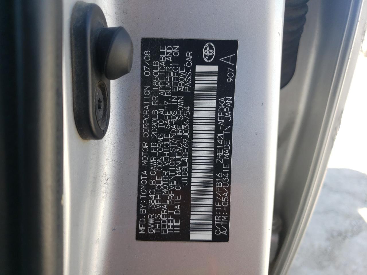Photo 10 from auction – 2009 TOYOTA COROLLA BA with VIN JTDBL40E69J036754