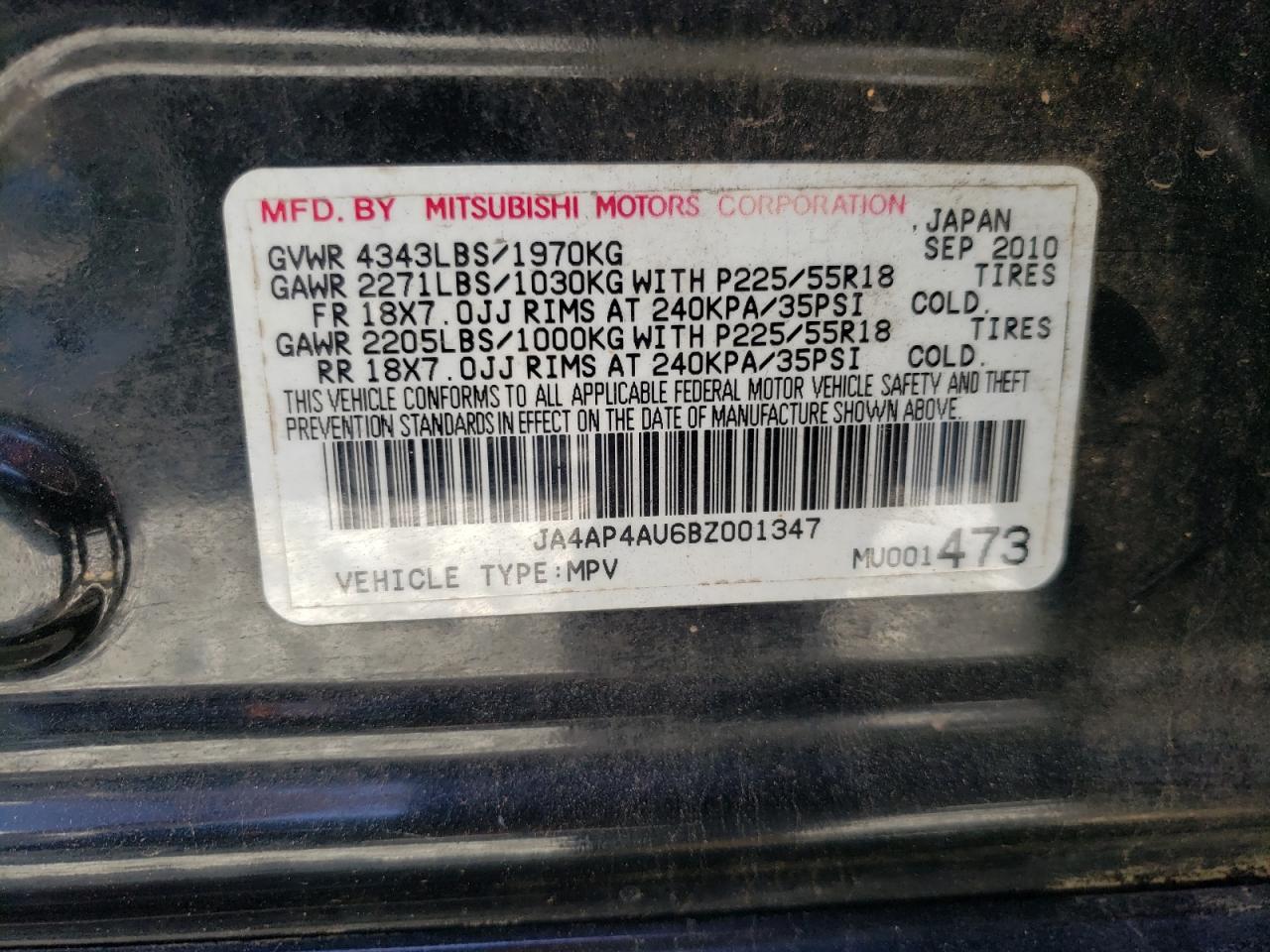 Photo 10 from auction – 2011 MITSUBISHI OUTLANDER with VIN JA4AP4AU6BZ001347