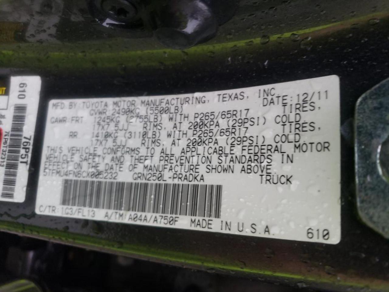 Photo 10 from auction – 2012 TOYOTA TACOMA DOU with VIN 5TFMU4FN6CX005232