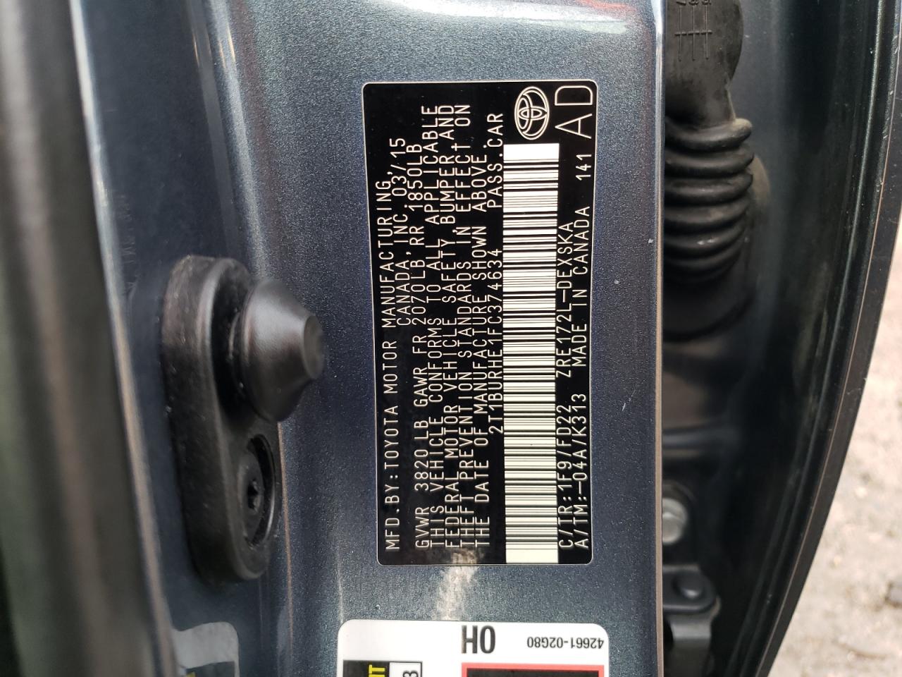 Photo 10 from auction – 2015 TOYOTA COROLLA L with VIN 2T1BURHE1FC374634