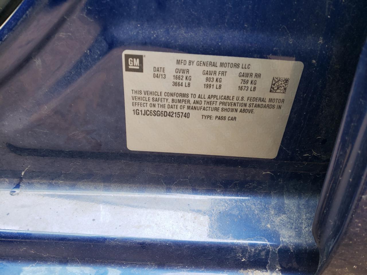 Photo 10 from auction – 2013 CHEVROLET SONIC LT with VIN 1G1JC6SG6D4215740