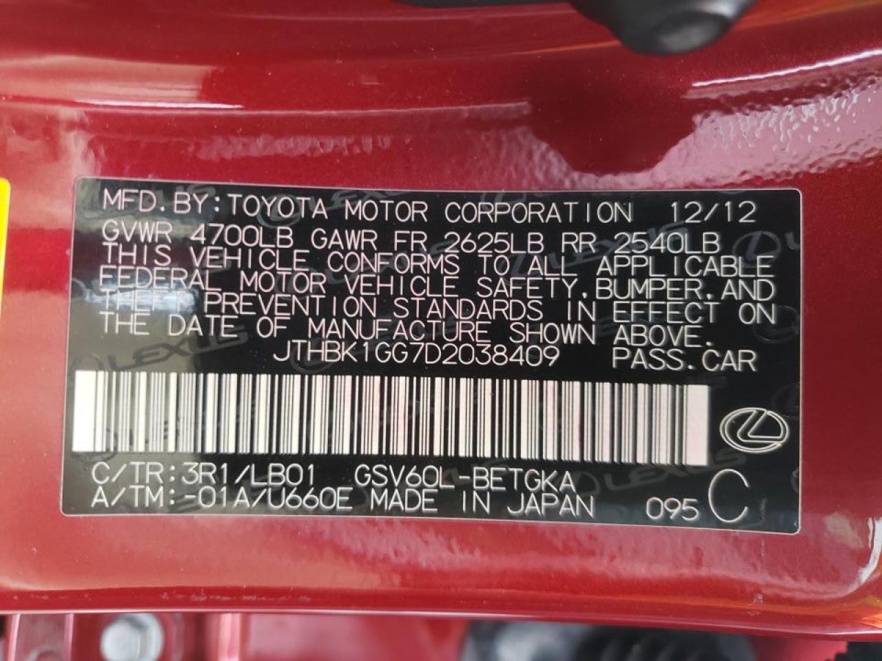 Photo 10 from auction – 2013 LEXUS ES 350 with VIN JTHBK1GG7D2038409