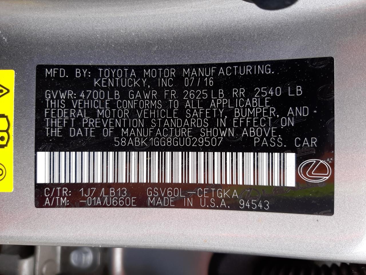 Photo 10 from auction – 2016 LEXUS ES 350 with VIN 58ABK1GG8GU029507