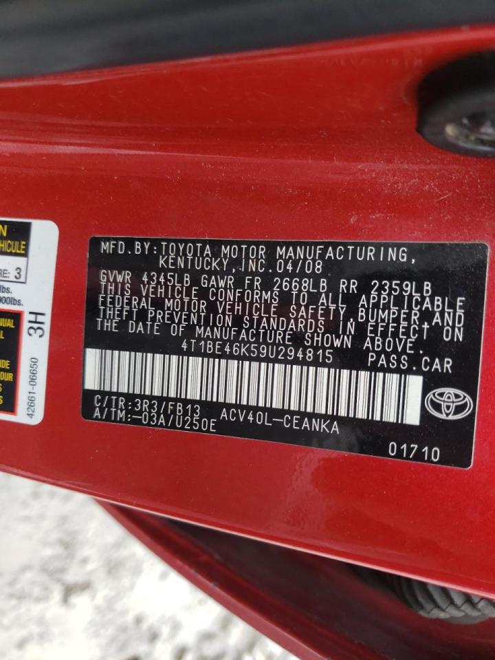 Photo 10 from auction – 2009 TOYOTA CAMRY BASE with VIN 4T1BE46K59U294815