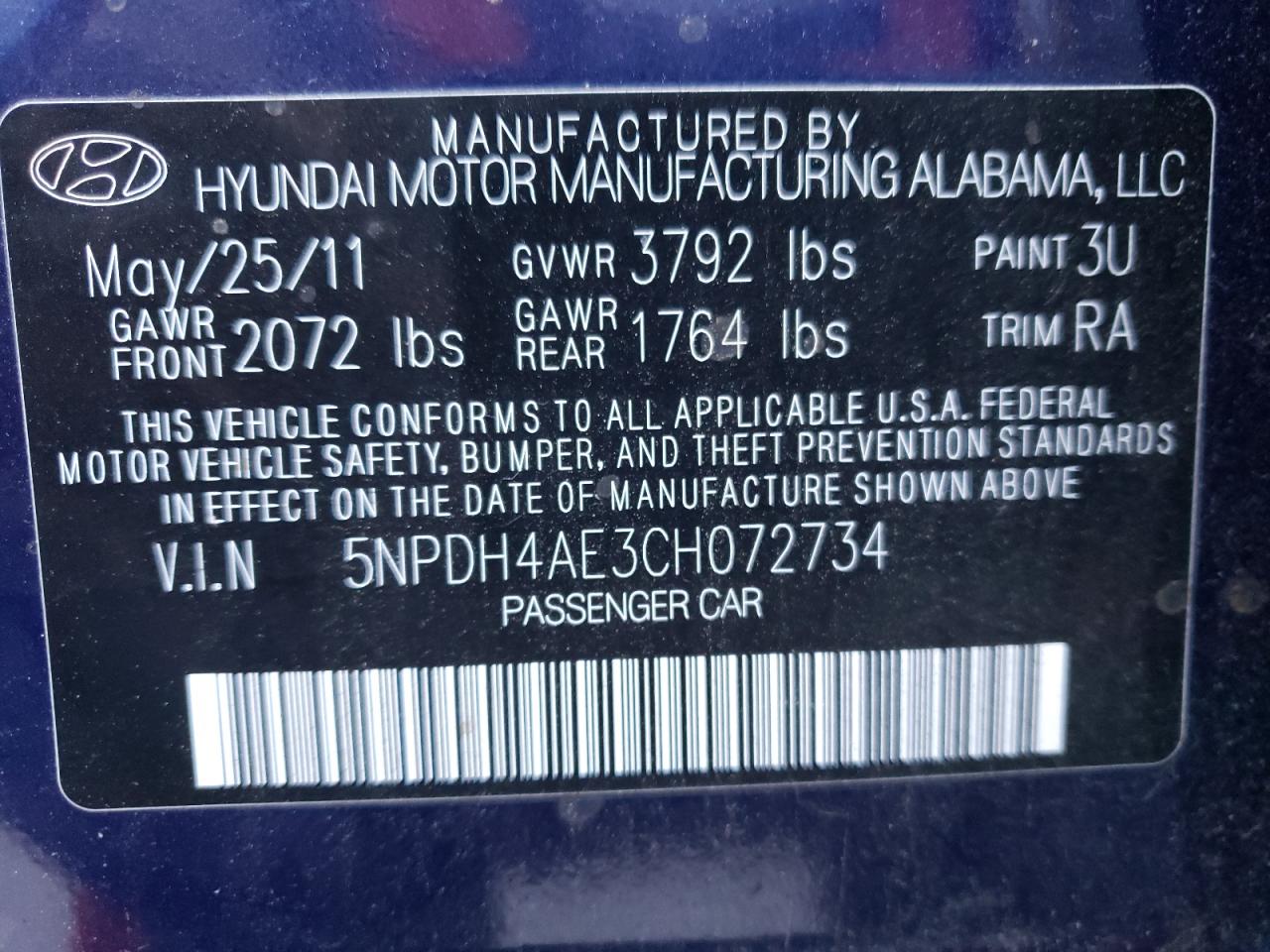 Photo 10 from auction – 2012 HYUNDAI ELANTRA GL with VIN 5NPDH4AE3CH072734