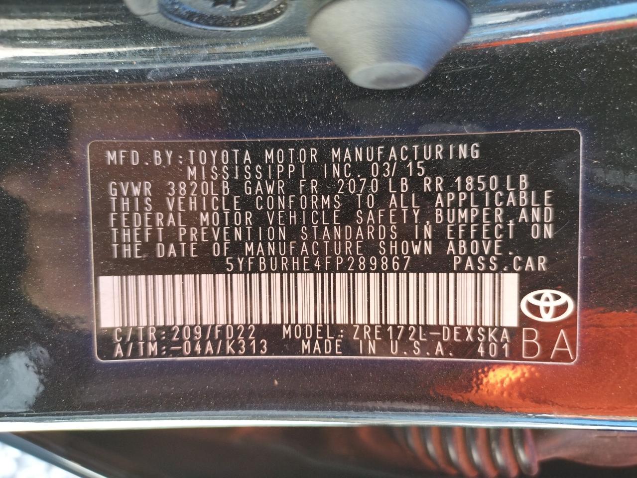 Photo 10 from auction – 2015 TOYOTA COROLLA L with VIN 5YFBURHE4FP289867