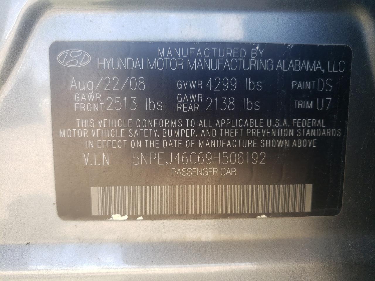 Photo 10 from auction – 2009 HYUNDAI SONATA SE with VIN 5NPEU46C69H506192