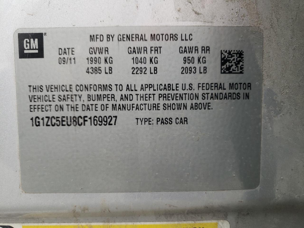 Photo 10 from auction – 2012 CHEVROLET MALIBU 1LT with VIN 1G1ZC5EU8CF169927