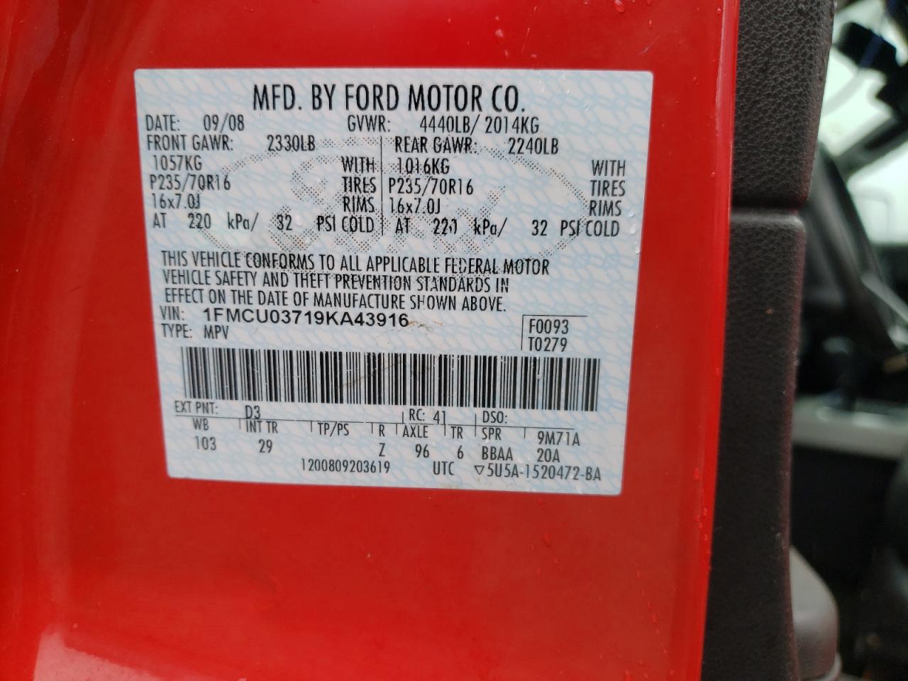 Photo 10 from auction – 2009 FORD ESCAPE XLT with VIN 1FMCU03719KA43916