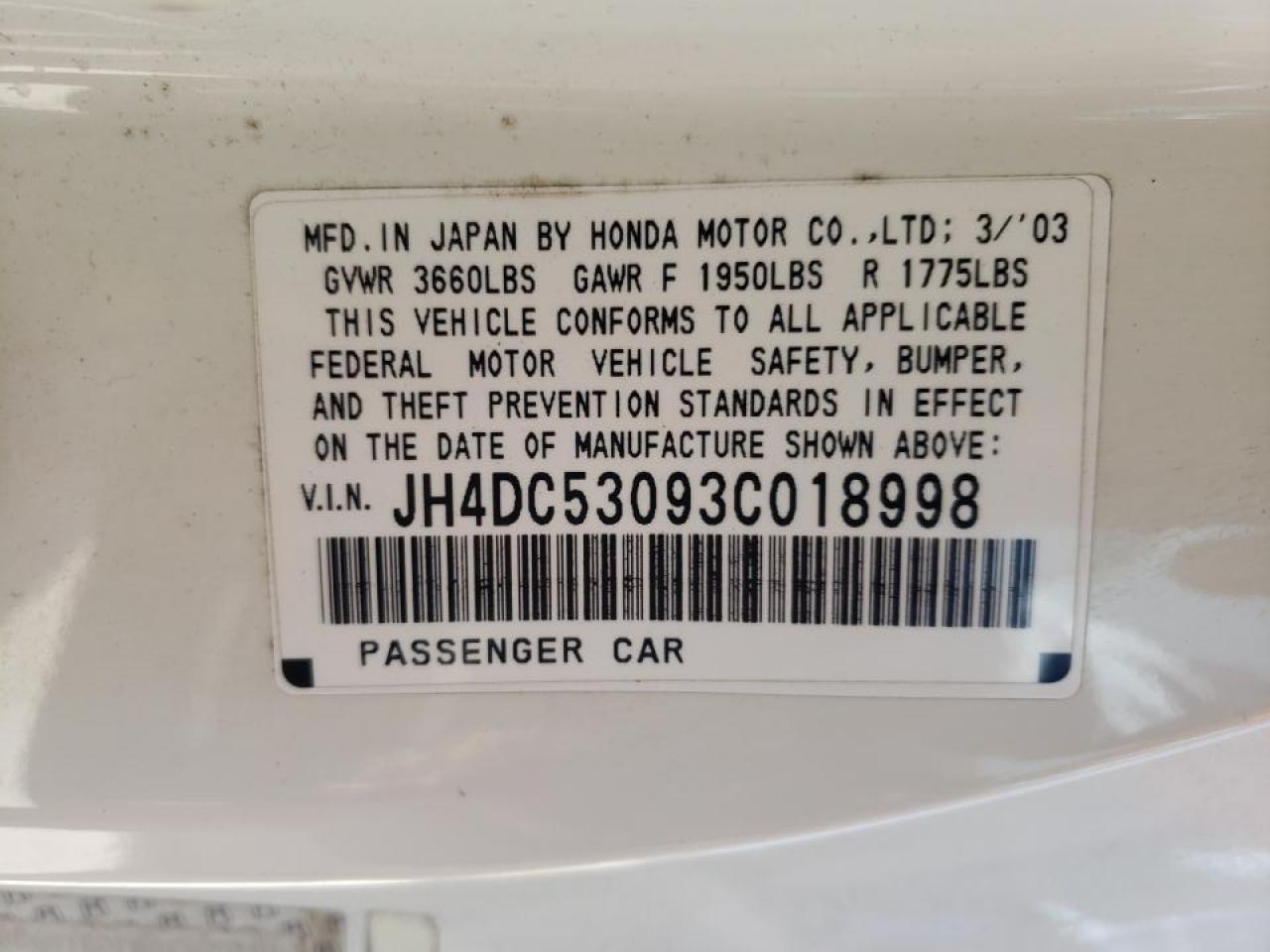 Photo 10 from auction – 2003 ACURA RSX TYPE-S with VIN JH4DC53093C018998
