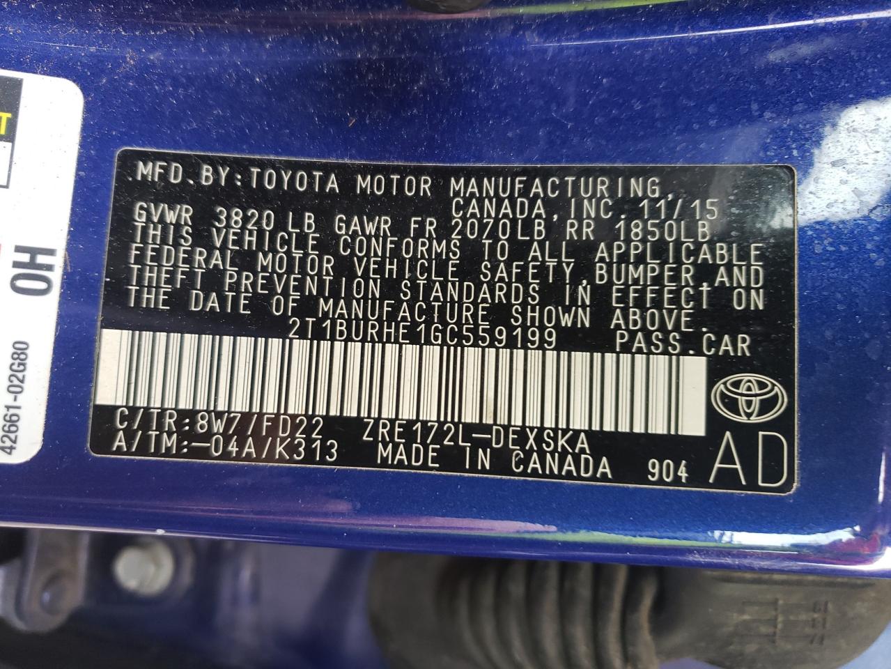 Photo 10 from auction – 2016 TOYOTA COROLLA L with VIN 2T1BURHE1GC559199