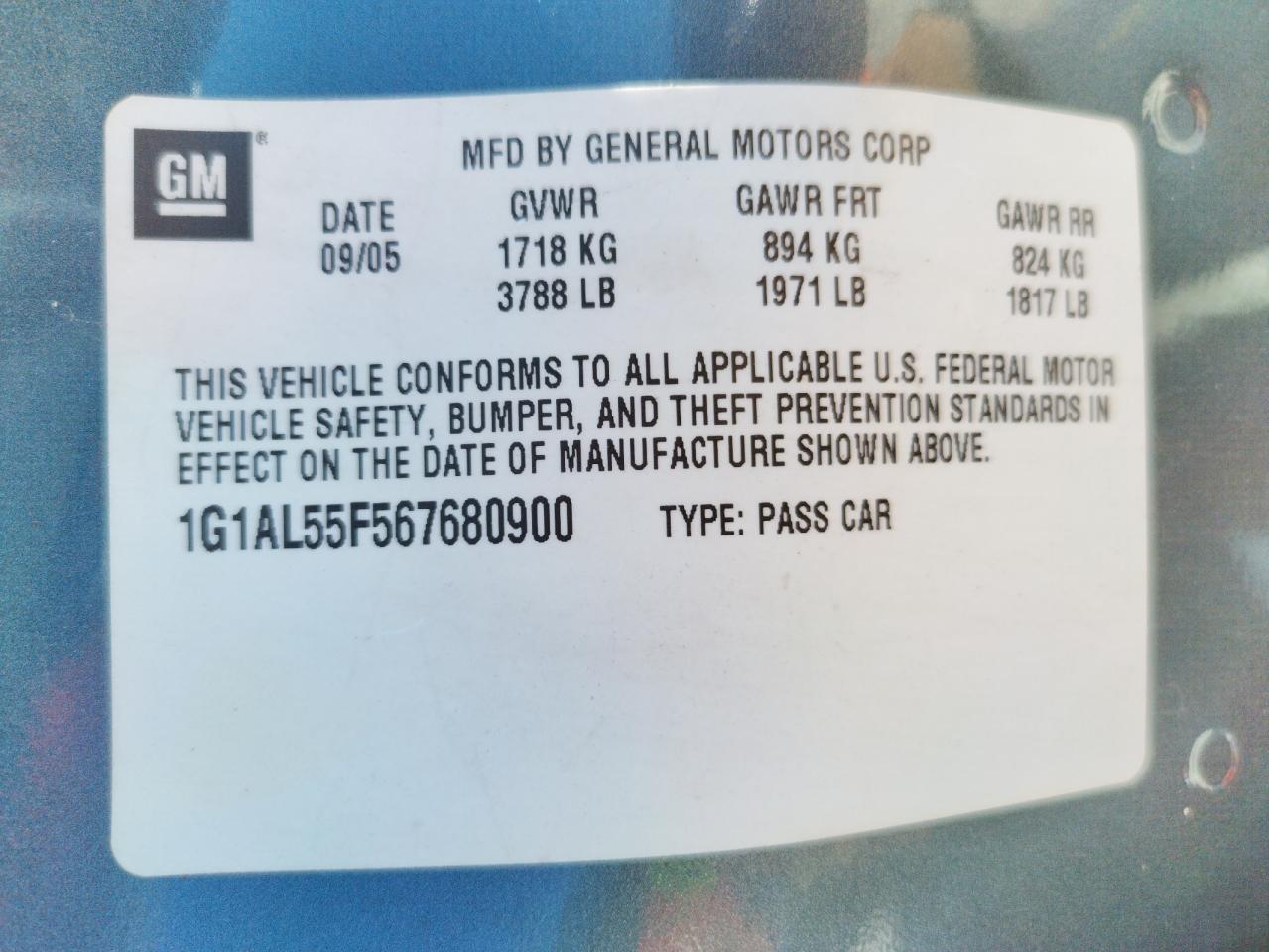 Photo 10 from auction – 2006 CHEVROLET COBALT LT with VIN 1G1AL55F567680900