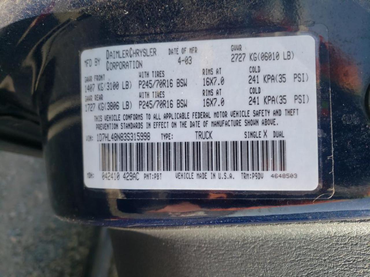Photo 10 from auction – 2003 DODGE DAKOTA QUA with VIN 1D7HL48N83S315998
