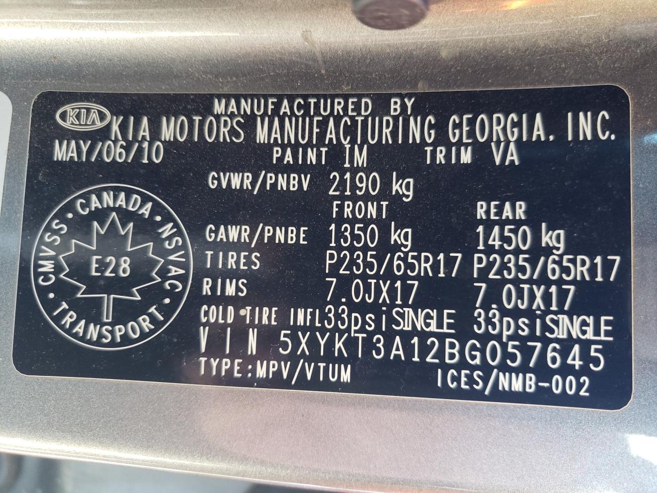 Photo 10 from auction – 2011 KIA SORENTO BA with VIN 5XYKT3A12BG057645