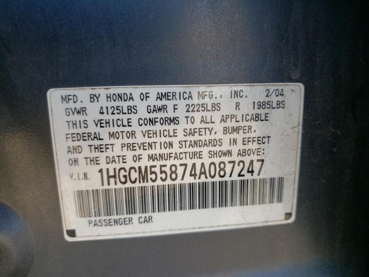 Photo 10 from auction – 2004 HONDA ACCORD EX with VIN 1HGCM55874A087247