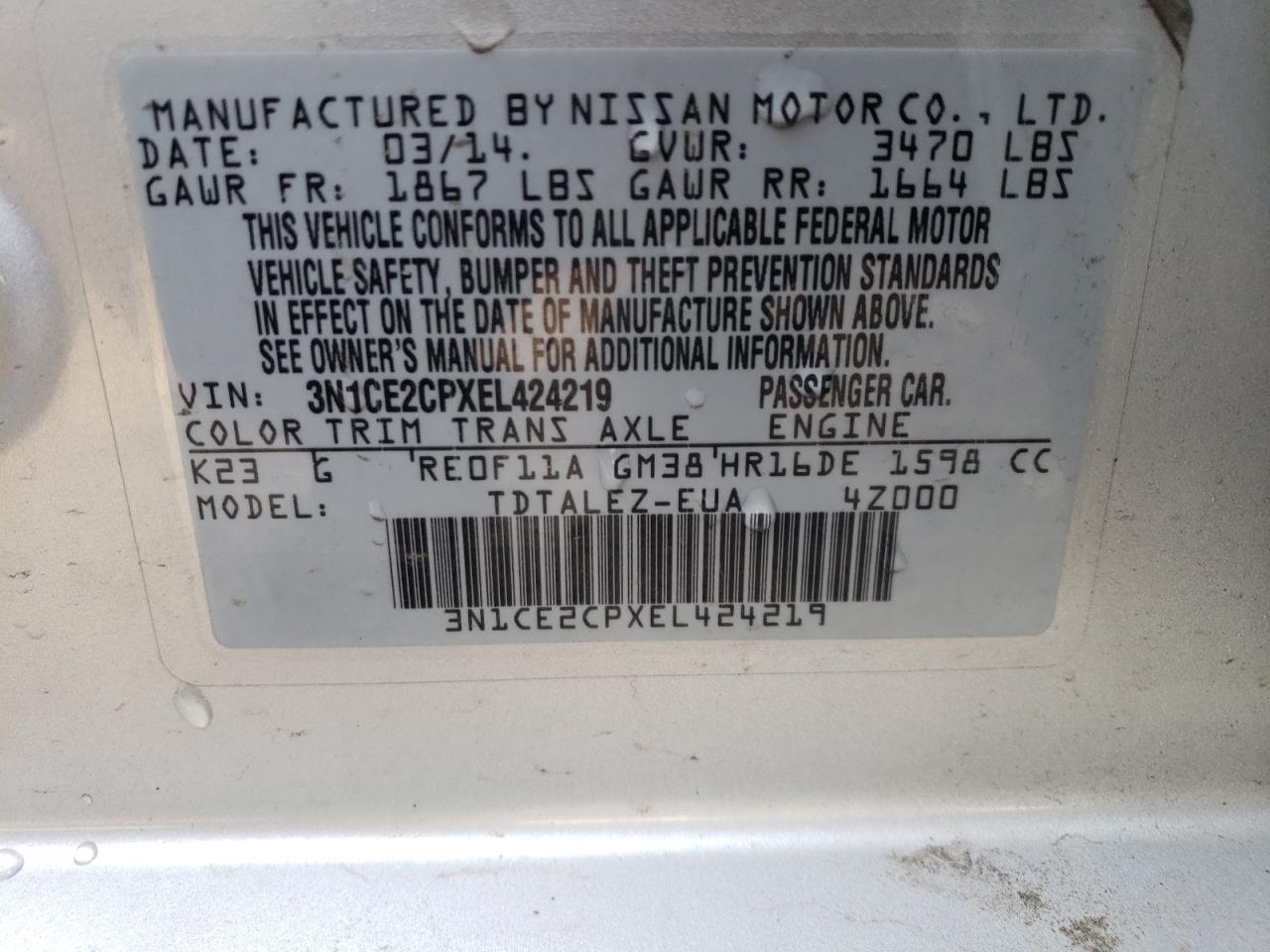 Photo 10 from auction – 2014 NISSAN VERSA NOTE with VIN 3N1CE2CPXEL424219