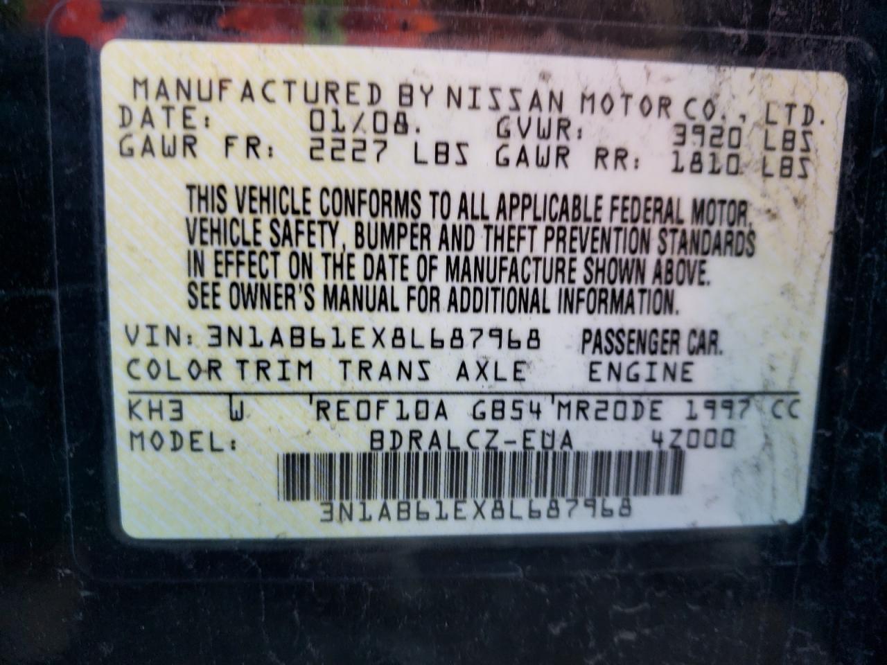 Photo 10 from auction – 2008 NISSAN SENTRA 2.0 with VIN 3N1AB61EX8L687968
