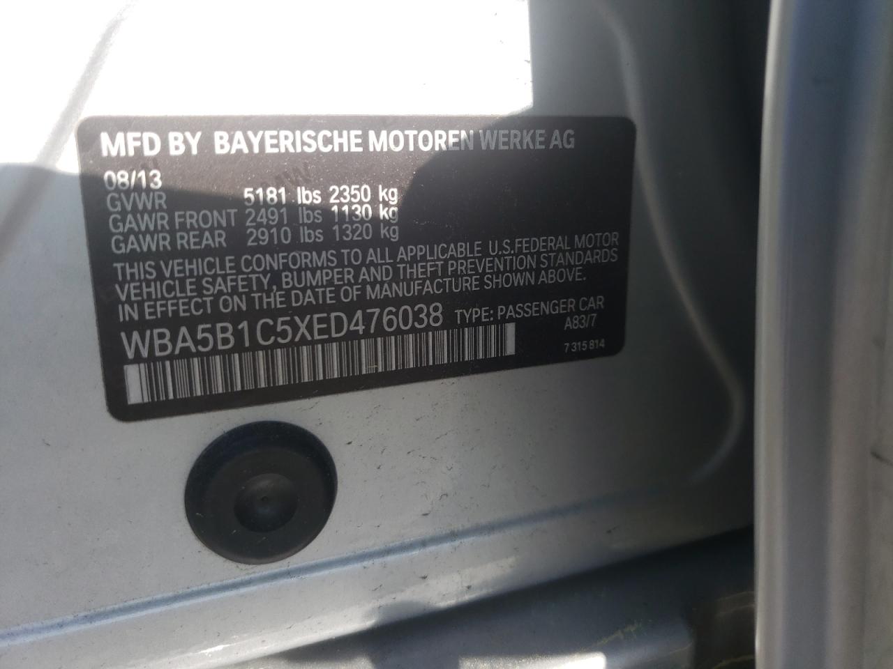 Photo 10 from auction – 2014 BMW 535 I with VIN WBA5B1C5XED476038