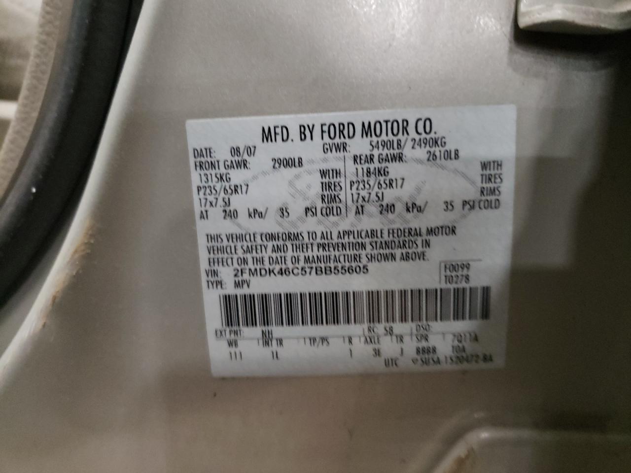 Photo 10 from auction – 2007 FORD EDGE SE with VIN 2FMDK46C57BB55605