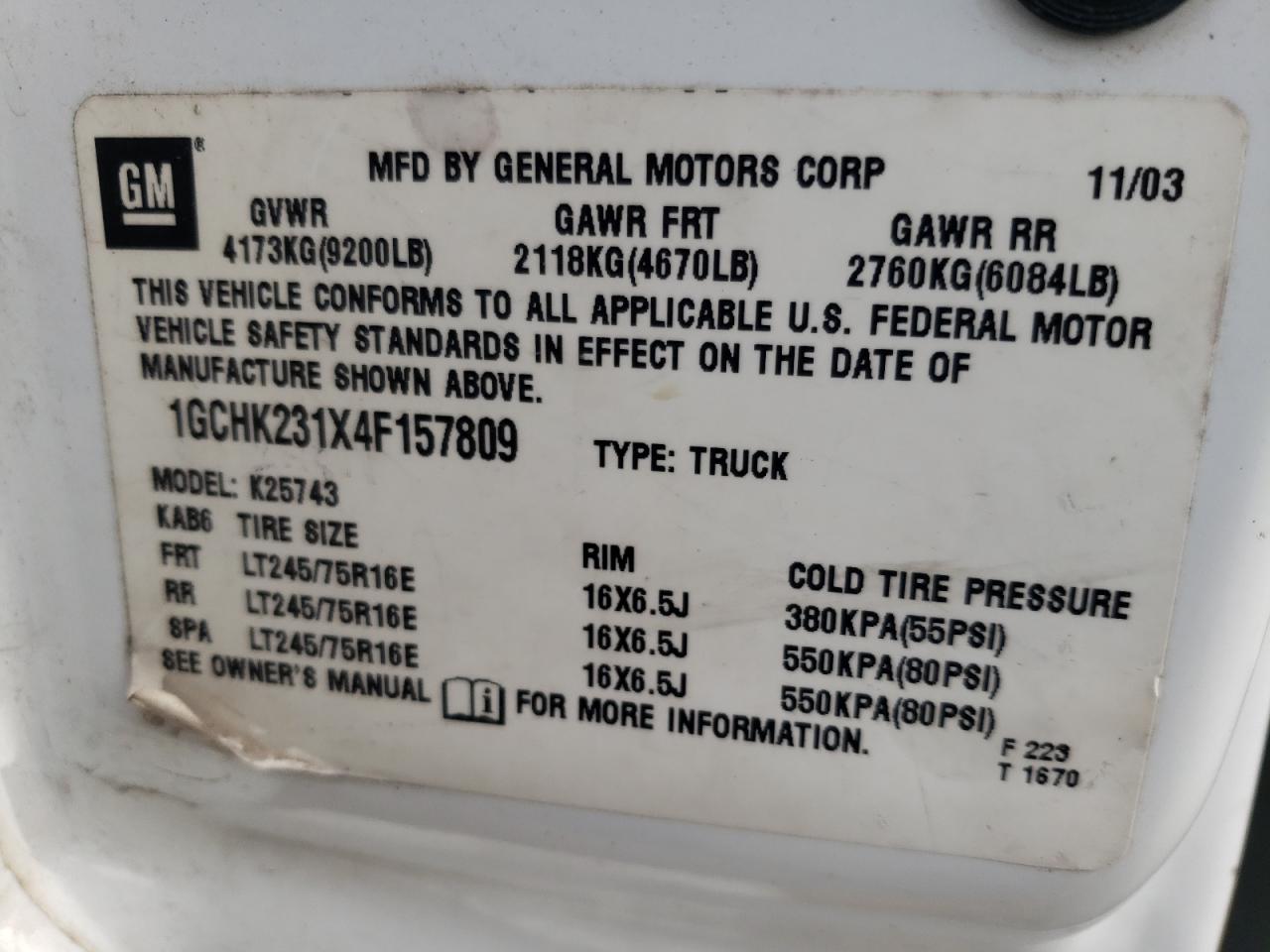 Photo 10 from auction – 2004 CHEVROLET SILVERADO with VIN 1GCHK231X4F157809
