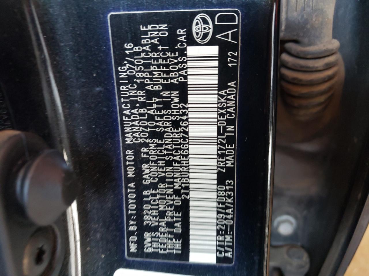 Photo 10 from auction – 2016 TOYOTA COROLLA L with VIN 2T1BURHE6GC726432
