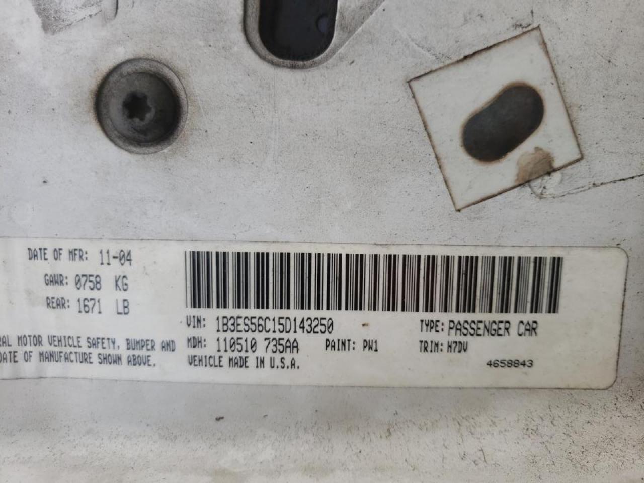 Photo 20 from auction – 2005 DODGE NEON with VIN 1B3ES56C15D143250