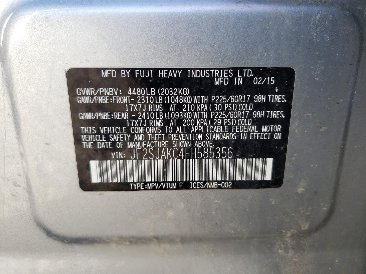 Photo 10 from auction – 2015 SUBARU FORESTER 2 with VIN JF2SJAKC4FH585356
