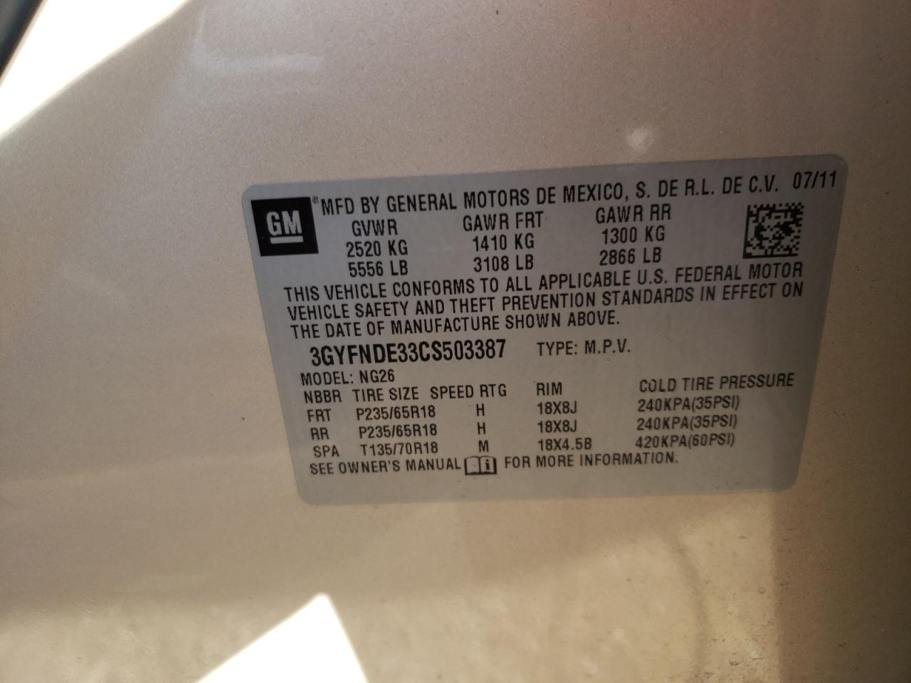 Photo 10 from auction – 2012 CADILLAC SRX LUXURY with VIN 3GYFNDE33CS503387