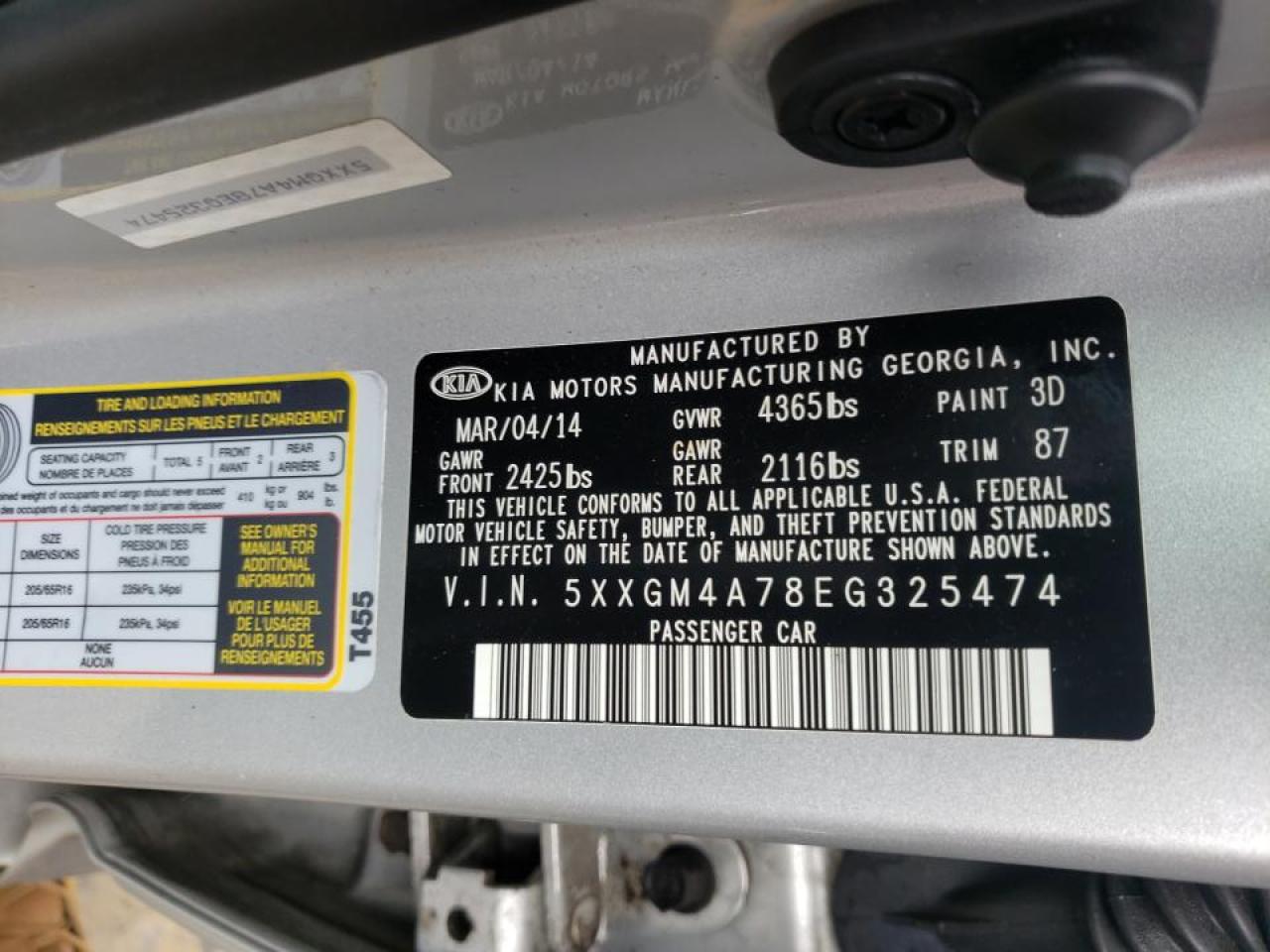 Photo 10 from auction – 2014 KIA OPTIMA LX with VIN 5XXGM4A78EG325474