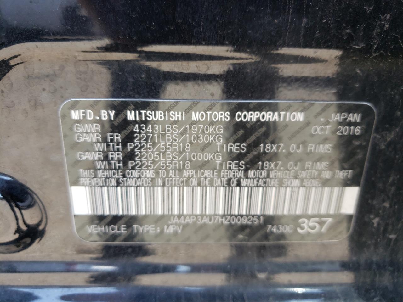 Photo 10 from auction – 2017 MITSUBISHI OUTLANDER with VIN JA4AP3AU7HZ009251