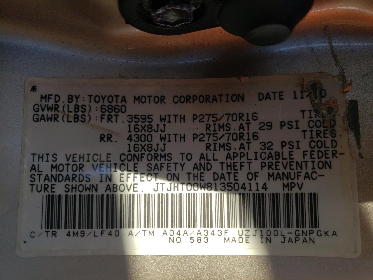 Photo 10 from auction – 2001 LEXUS LX 470 with VIN JTJHT00W813504114