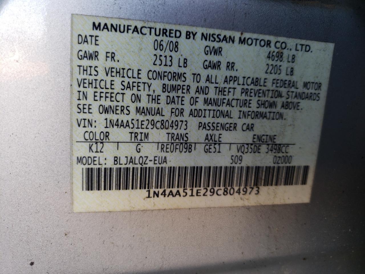 Photo 10 from auction – 2009 NISSAN MAXIMA S with VIN 1N4AA51E29C804973