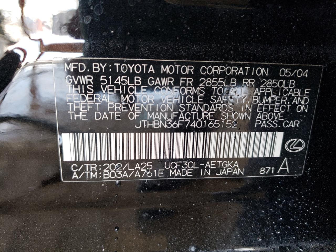Photo 10 from auction – 2004 LEXUS LS 430 with VIN JTHBN36F740165152