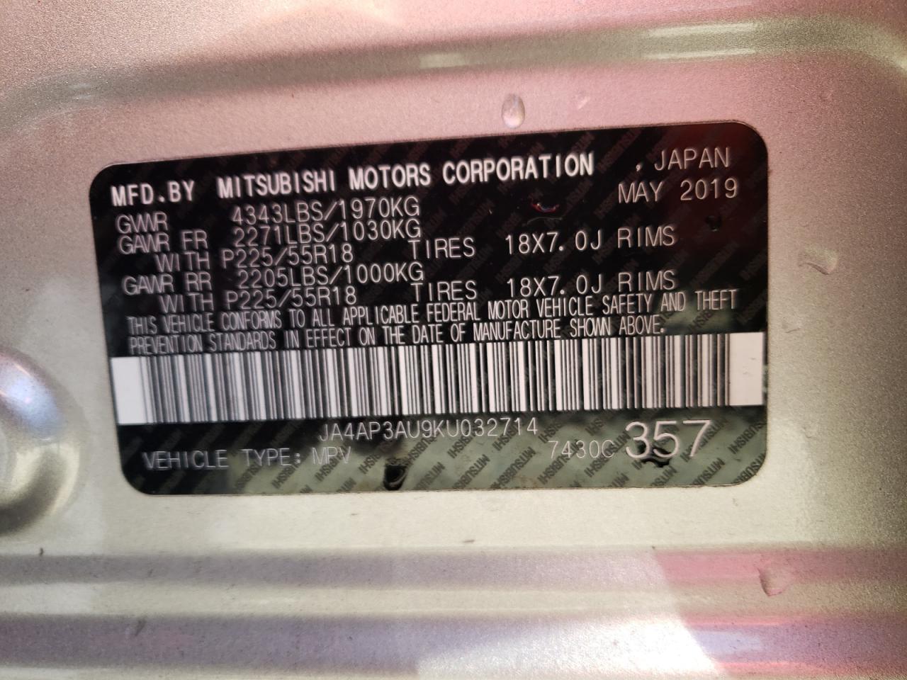 Photo 10 from auction – 2019 MITSUBISHI OUTLANDER with VIN JA4AP3AU9KU032714