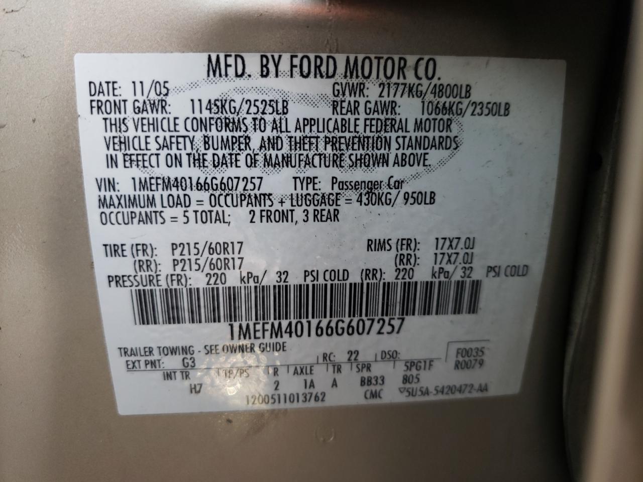 Photo 10 from auction – 2006 MERCURY MONTEGO LU with VIN 1MEFM40166G607257