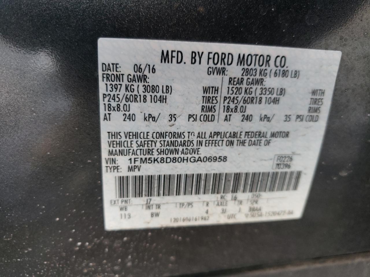 Foto 10 de la subasta – 2017 FORD EXPLORER X con VIN 1FM5K8D80HGA06958