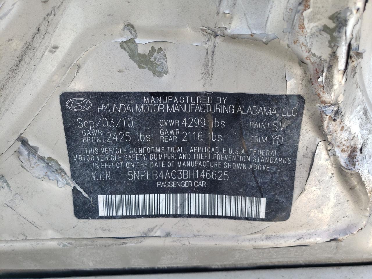 Photo 10 from auction – 2011 HYUNDAI SONATA GLS with VIN 5NPEB4AC3BH146625