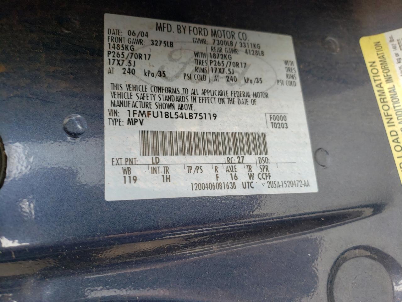 Photo 10 from auction – 2005 FORD EXPEDITION with VIN 1FMFU18L54LB75119