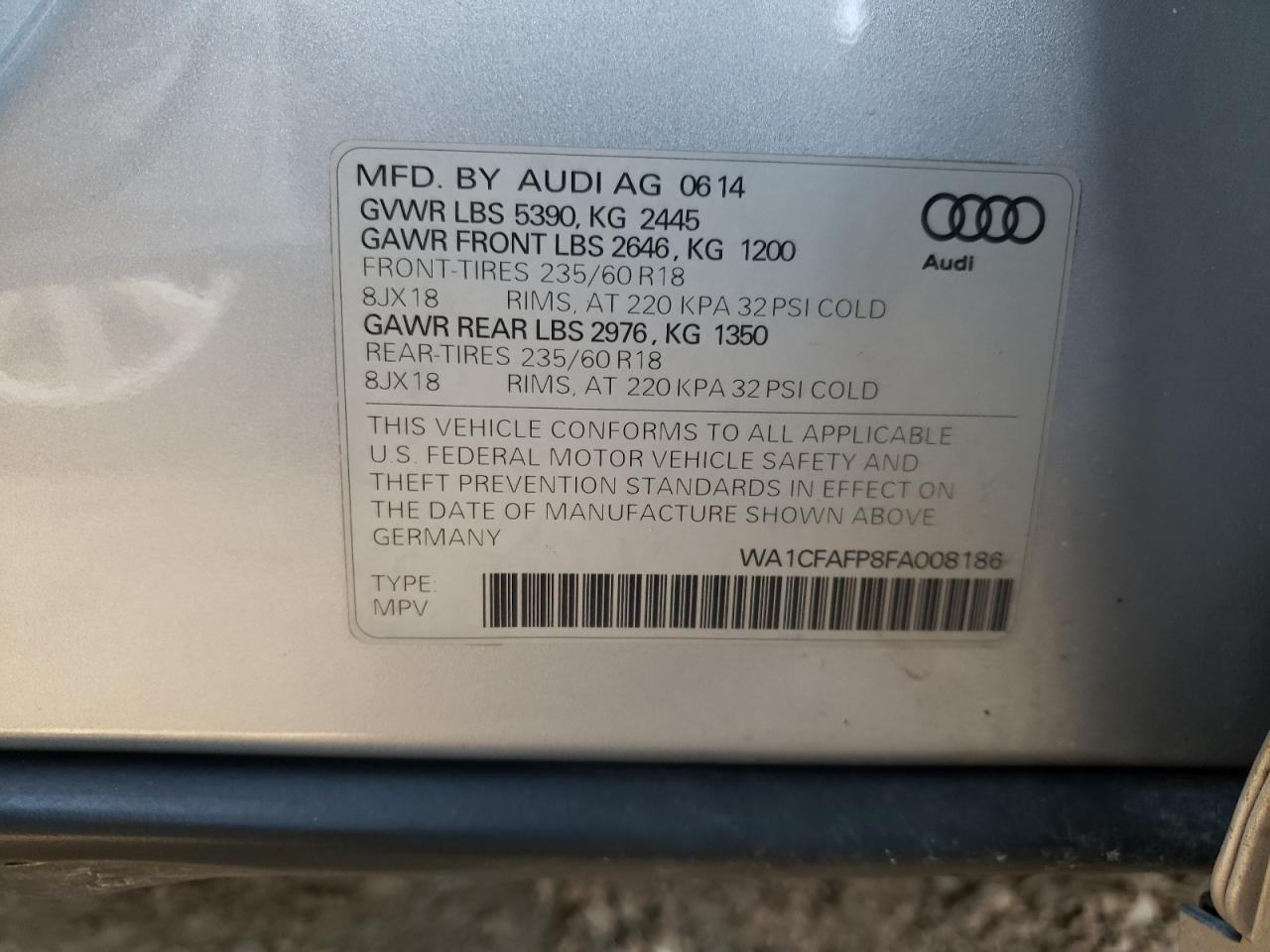 Photo 10 from auction – 2015 AUDI Q5 PREMIUM with VIN WA1CFAFP8FA008186