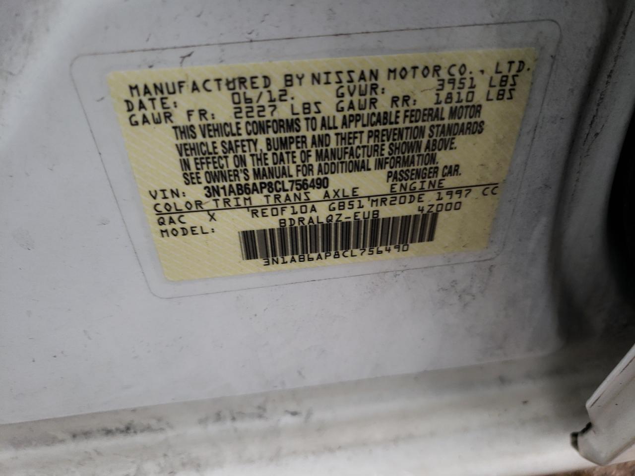 Photo 10 from auction – 2012 NISSAN SENTRA 2.0 with VIN 3N1AB6AP8CL756490