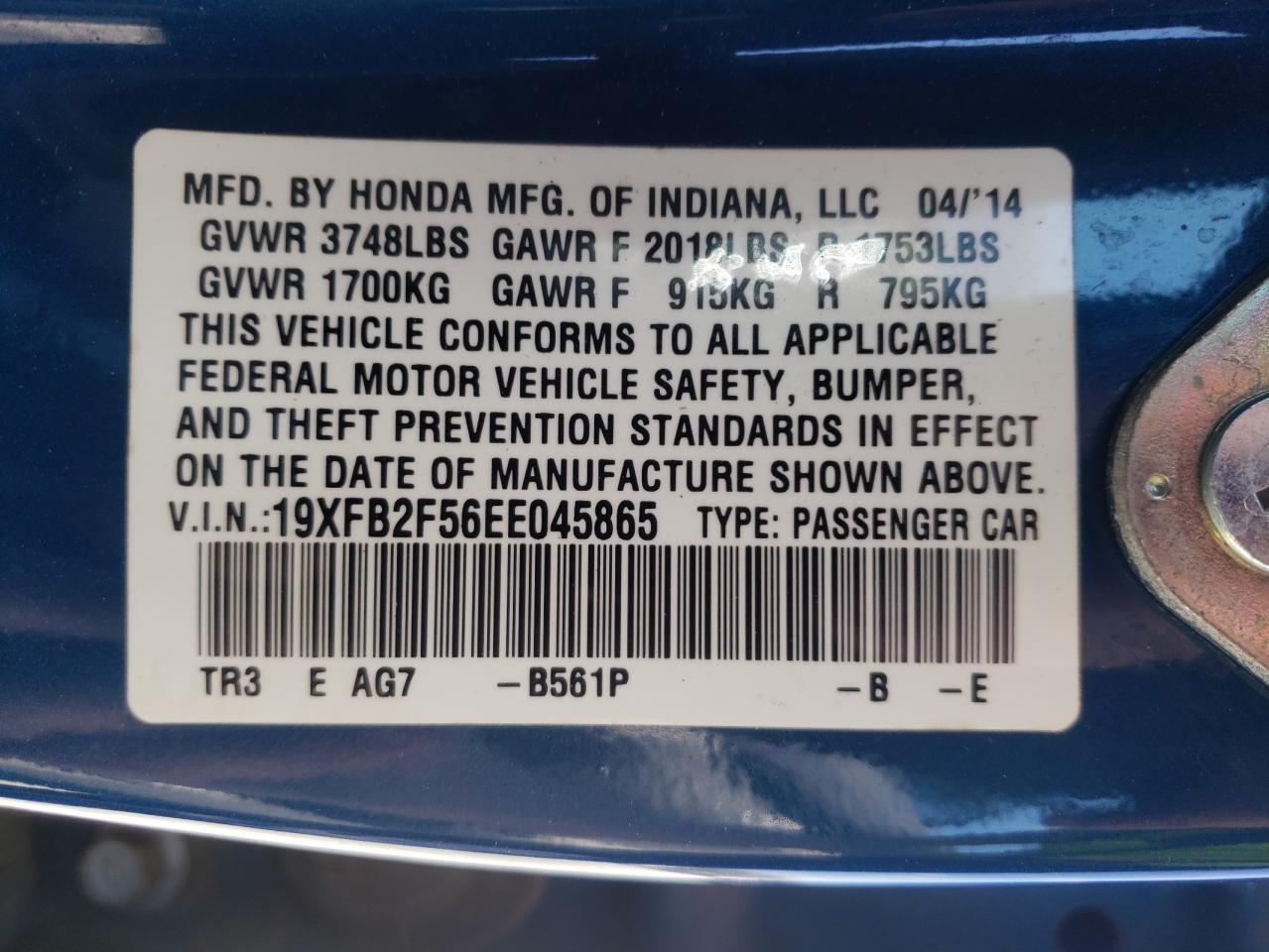 Photo 10 from auction – 2014 HONDA CIVIC LX with VIN 19XFB2F56EE045865