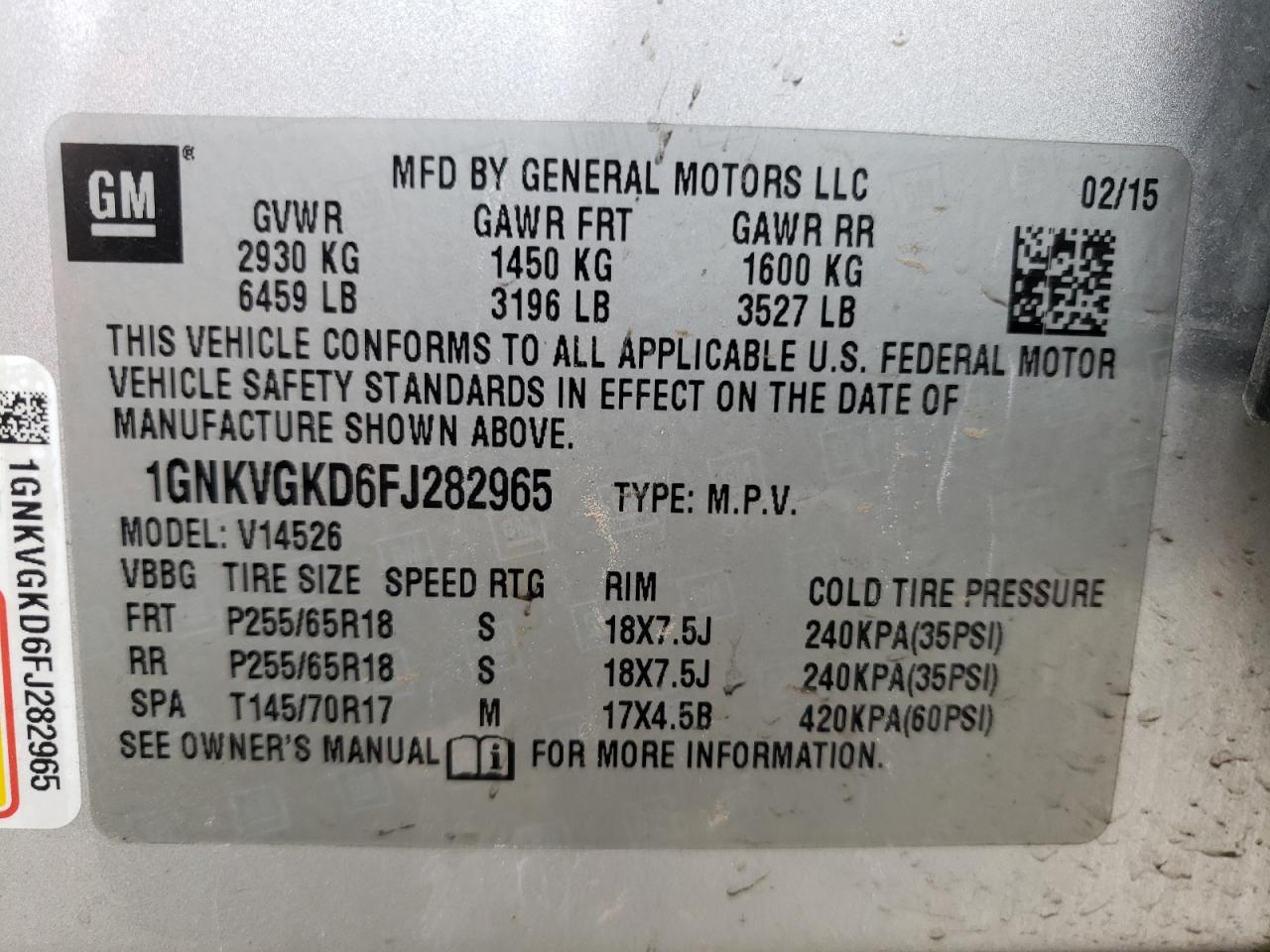 Photo 10 from auction – 2015 CHEVROLET TRAVERSE L with VIN 1GNKVGKD6FJ282965