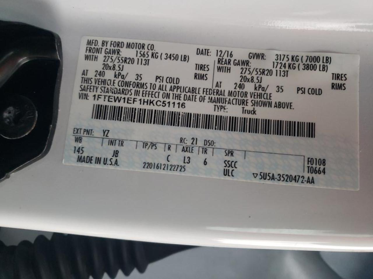 Photo 10 from auction – 2017 FORD F150 SUPER with VIN 1FTEW1EF1HKC51116